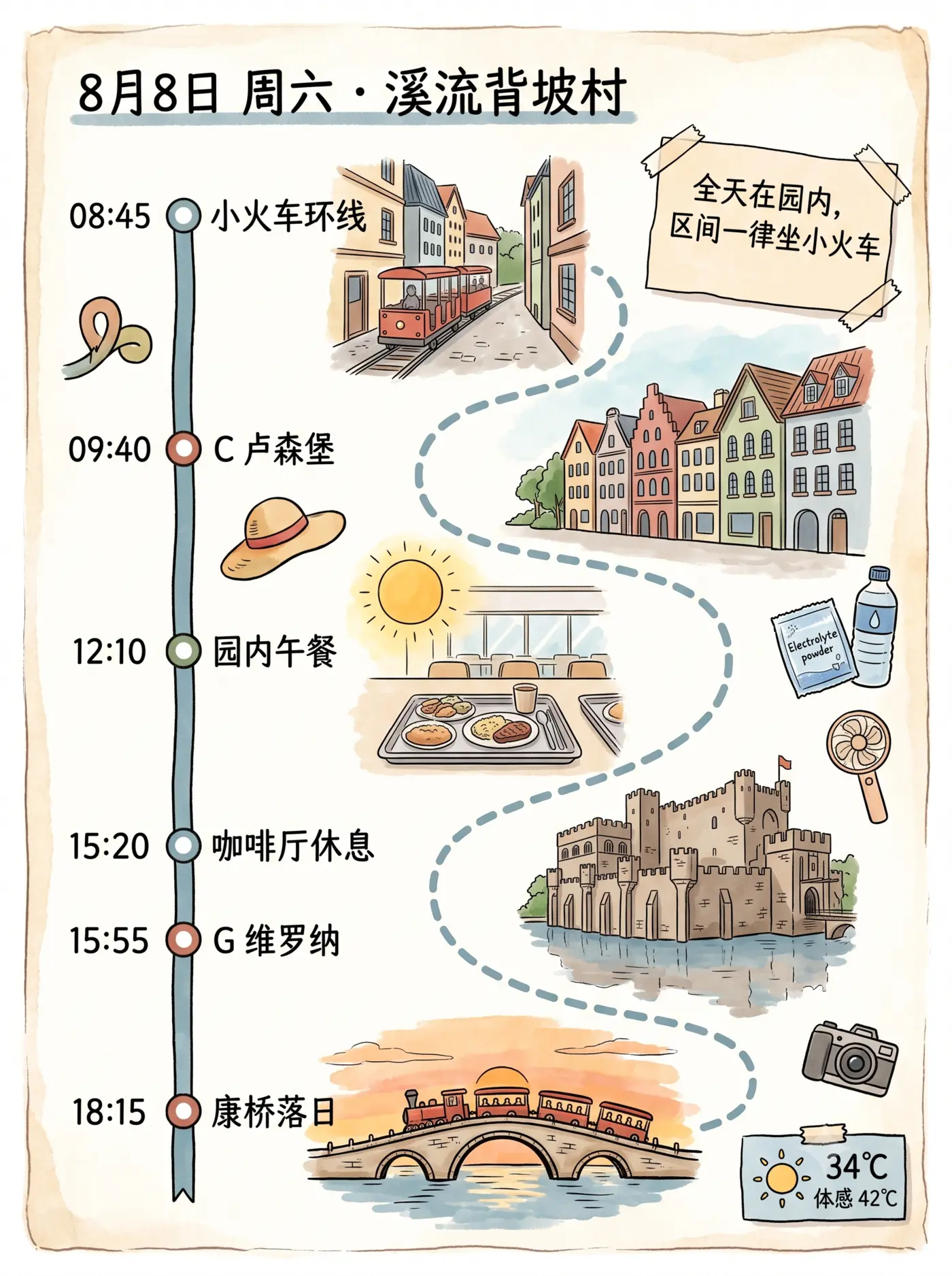 8 月 8 日手绘行程页：08:45 小火车环线、09:40 C 卢森堡、12:10 园内午餐、15:20 咖啡厅休息、15:55 G 维罗纳、18:15 康桥落日