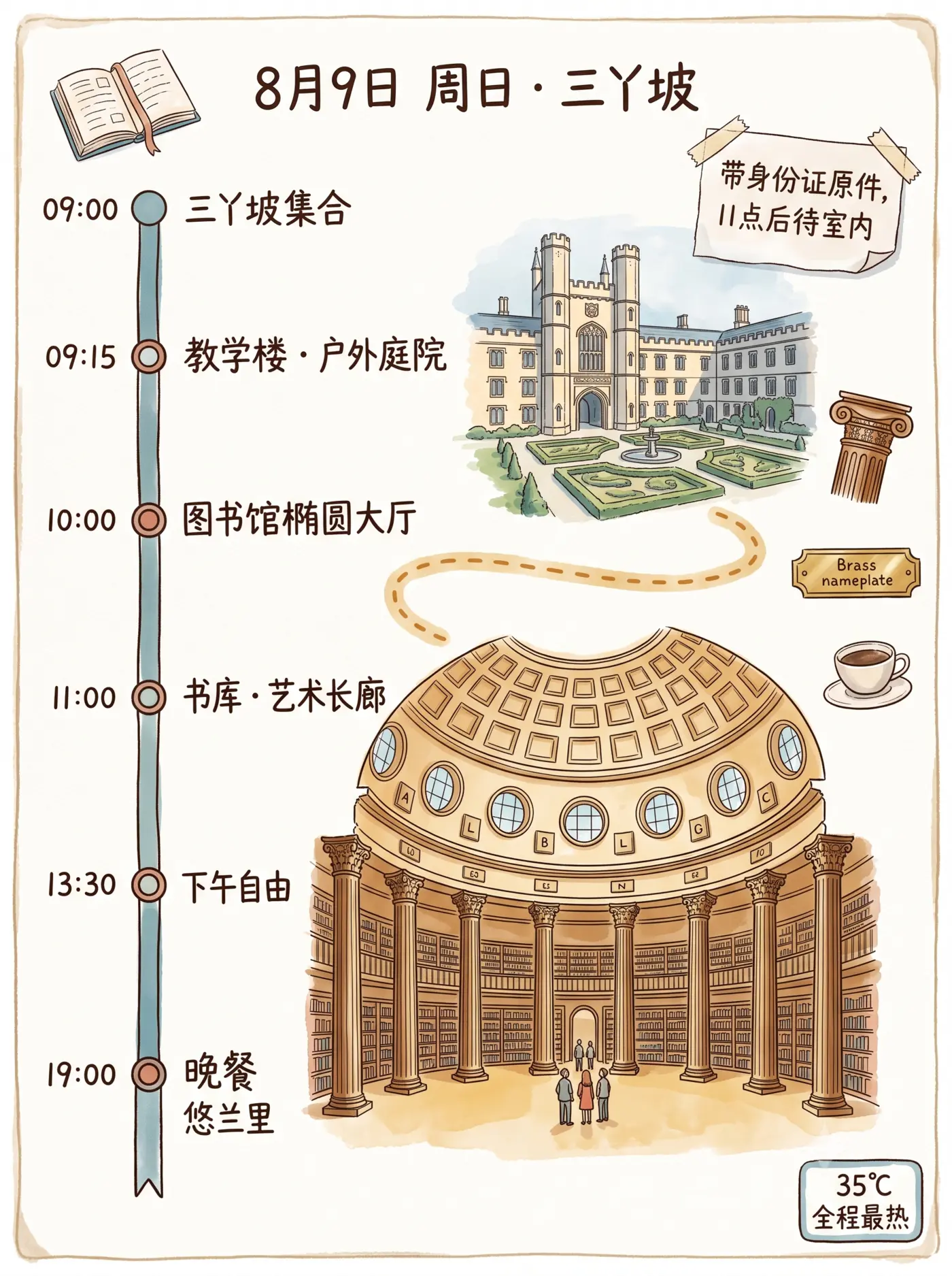 8 月 9 日手绘行程页：09:00 三丫坡集合、09:15 教学楼与户外庭院、10:00 图书馆椭圆大厅、11:00 书库与艺术长廊、13:30 下午自由、19:00 晚餐悠兰里
