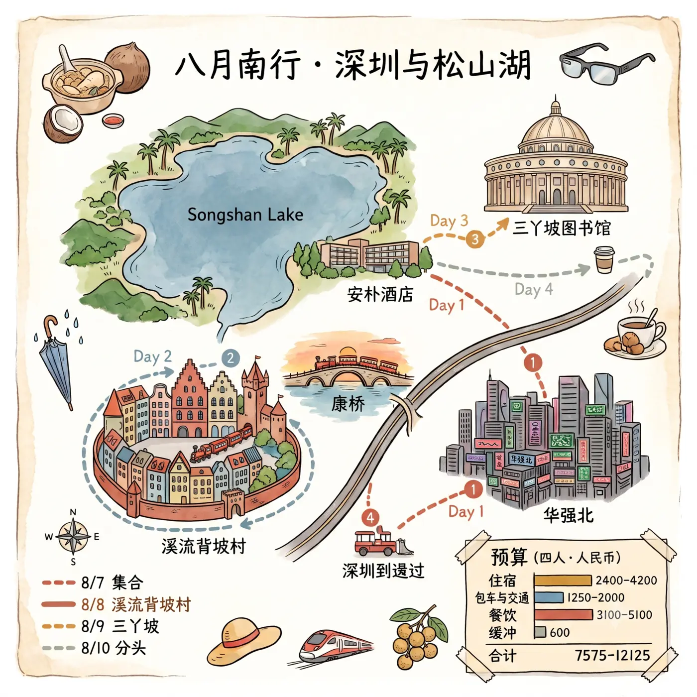 八月南行手绘总览地图：松山湖在左上，溪流背坡村的环形路线在左下，深圳在右下，四天四条彩色路线，右下角是预算条形图